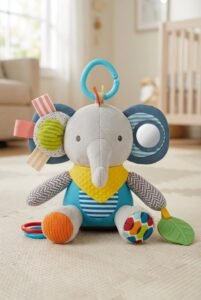 Elephant teething toy for baby with detachable bandana rattle and sensory textures